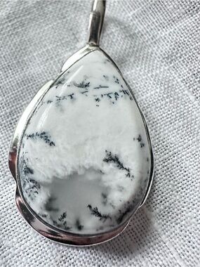 Artisan White Dendritic Agate Teardrop Pendant in Silver